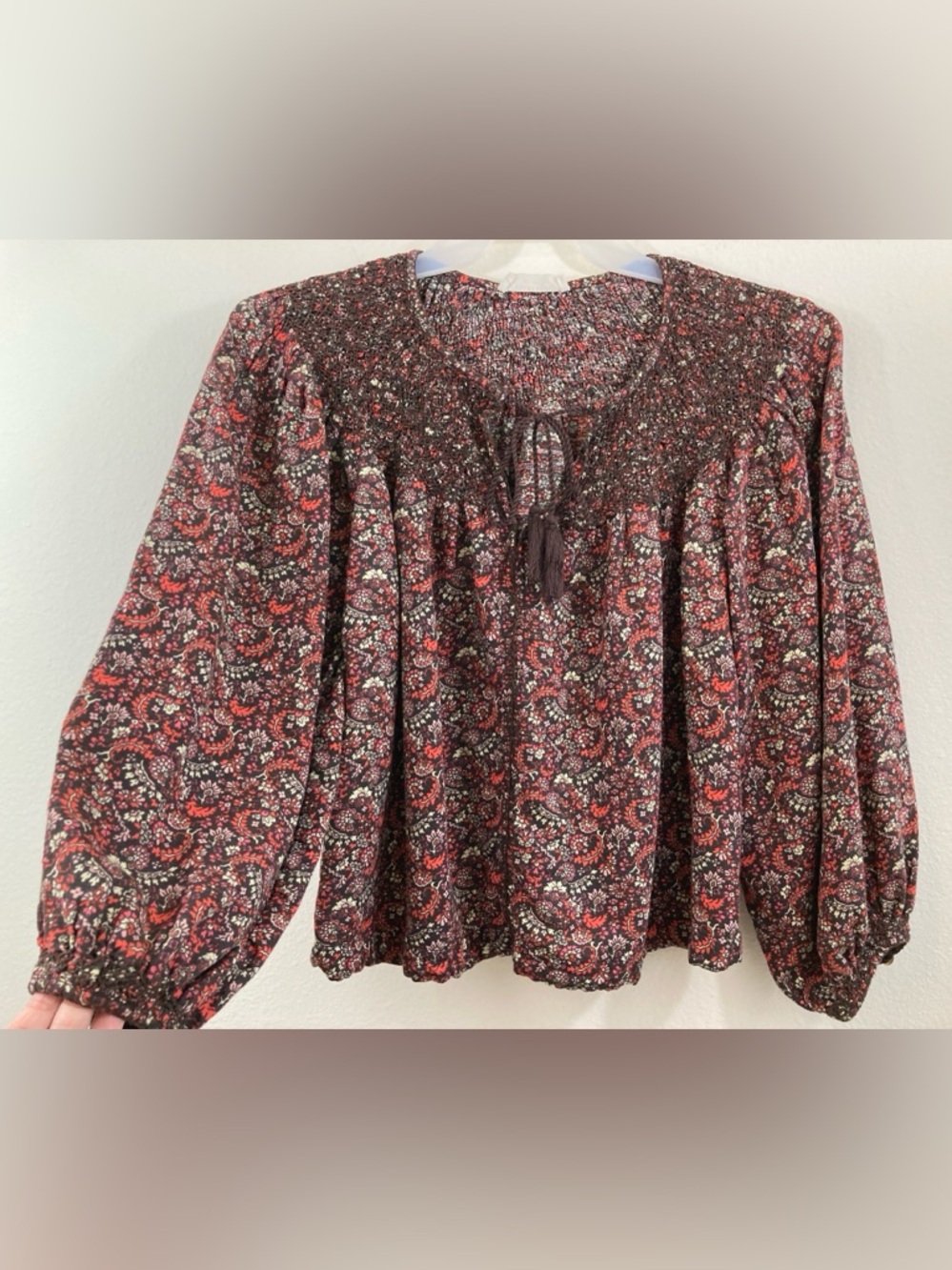 Lucky Brand Brown Floral Smocked Yoke Peasant Blouse Size S Boho